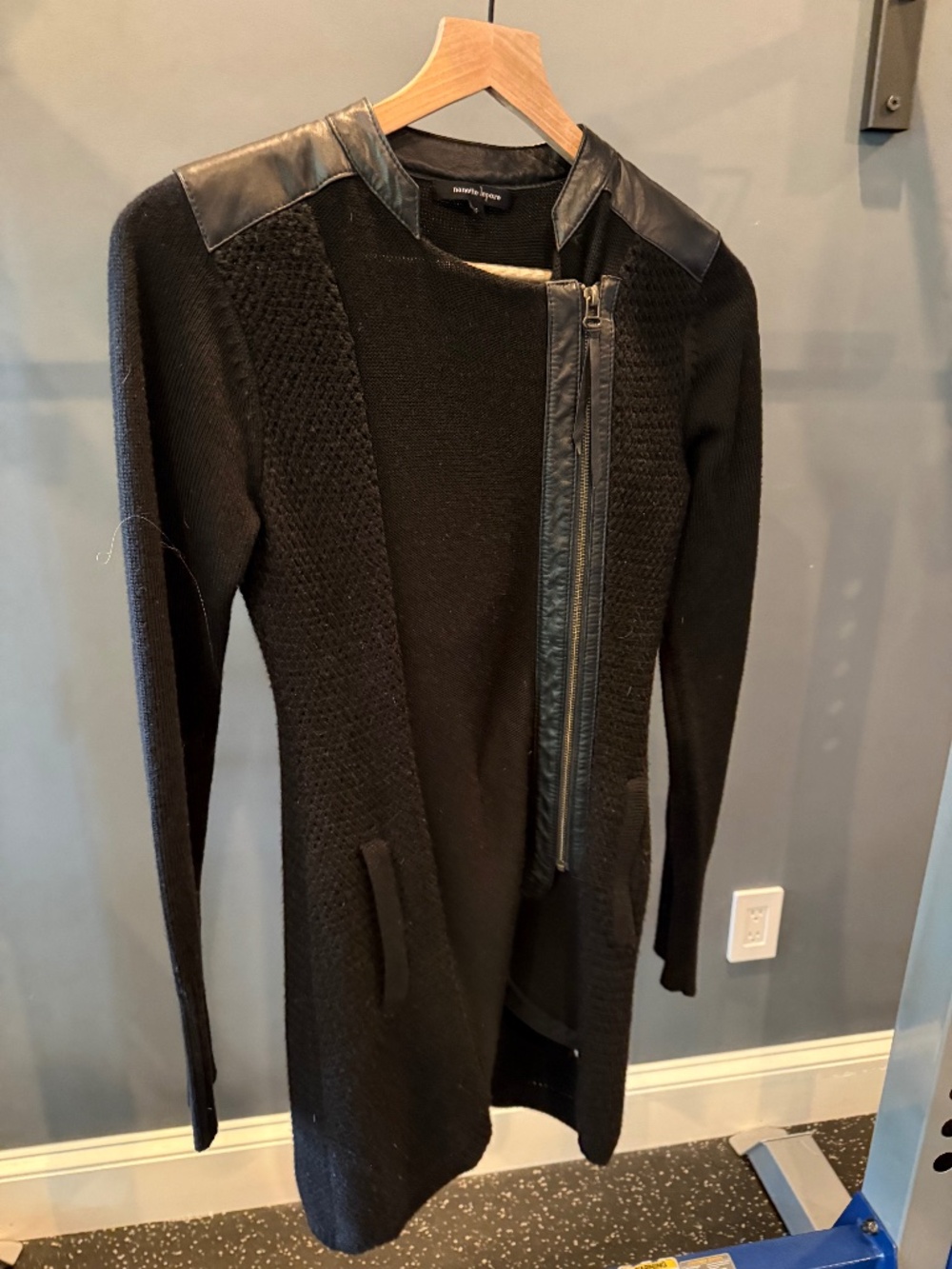 Nanette Lepore Intrepid Black Leather Trim Long Cardigan Sweater S